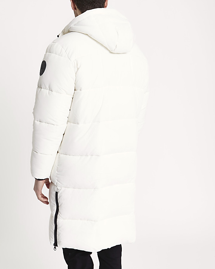 White longline hooded puffer coat