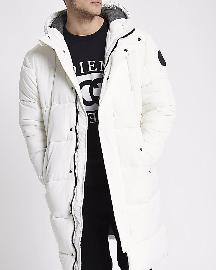 White longline hooded puffer coat