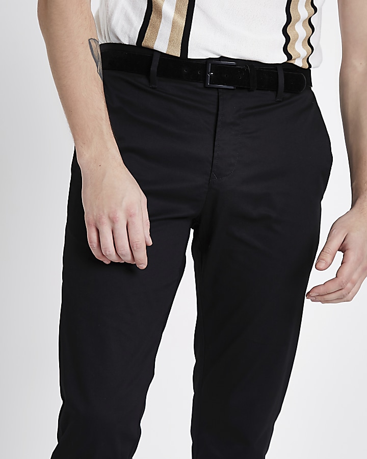 Black skinny fit belted chino trousers