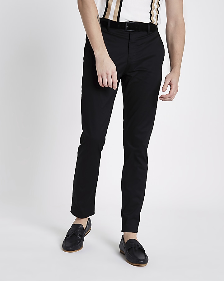 Black skinny fit belted chino trousers