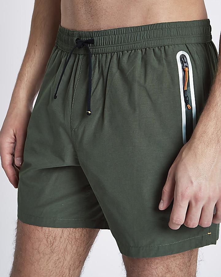Khaki green zip pockets short swim shorts