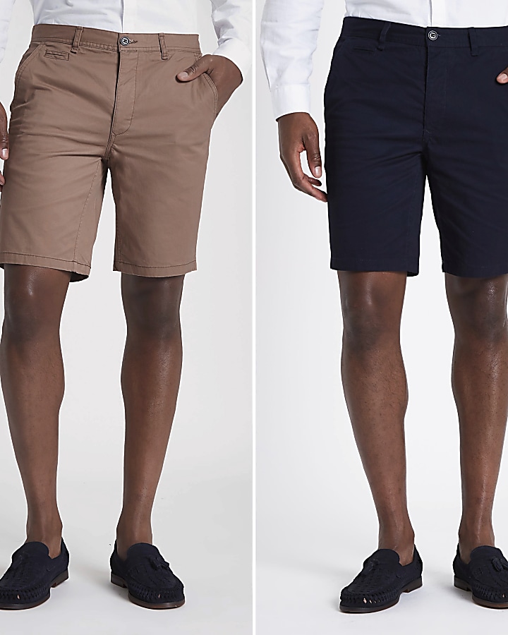 Navy and tan slim fit chino shorts 2 pack
