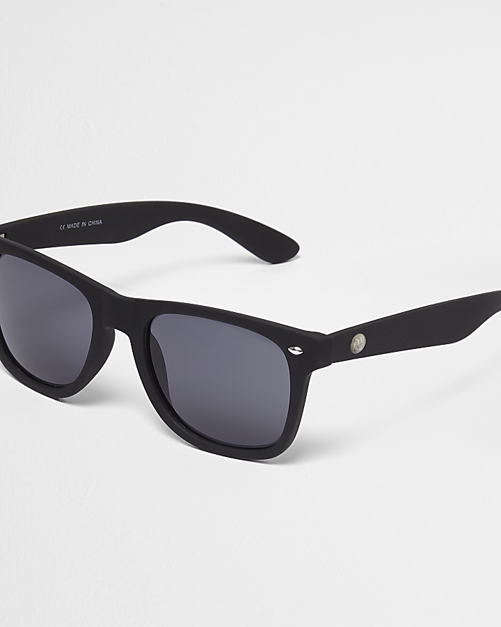 Black rubberised retro square sunglasses