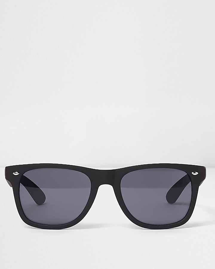 Black rubberised retro square sunglasses