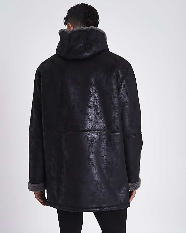 Black faux shearling oversized hooded jacket