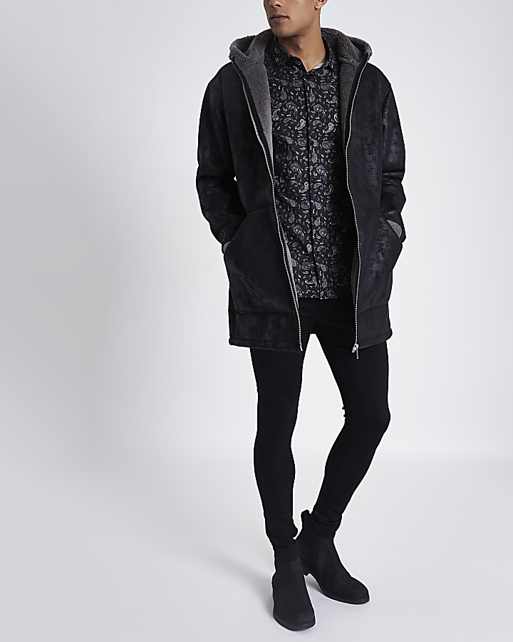 Black faux shearling oversized hooded jacket
