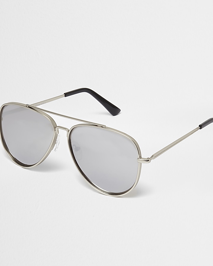 Silver tone mirror lens aviator sunglasses