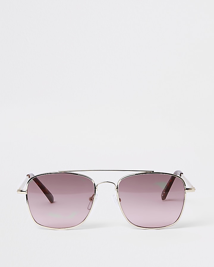 Gold tone pink lens round sunglasses
