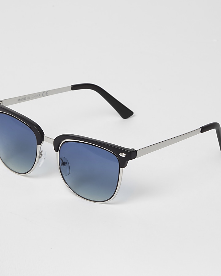 Black blue lens retro frame sunglasses