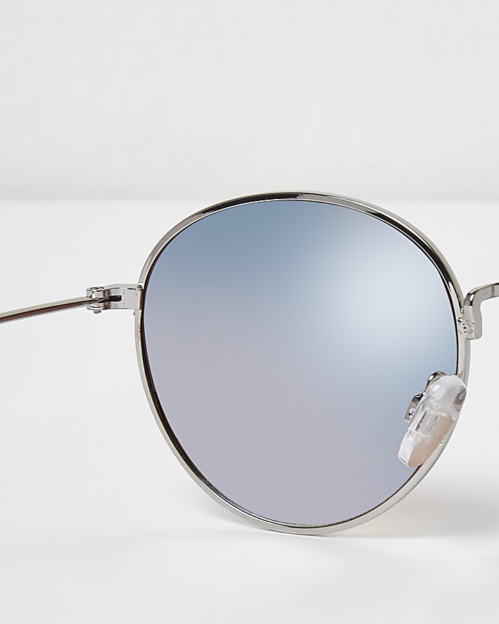 Silver tone blue mirror lenses sunglasses