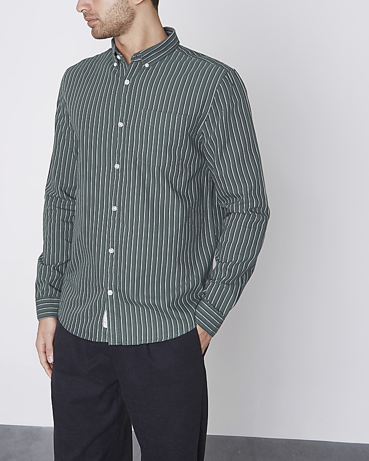 Green stripe slim fit Oxford shirt