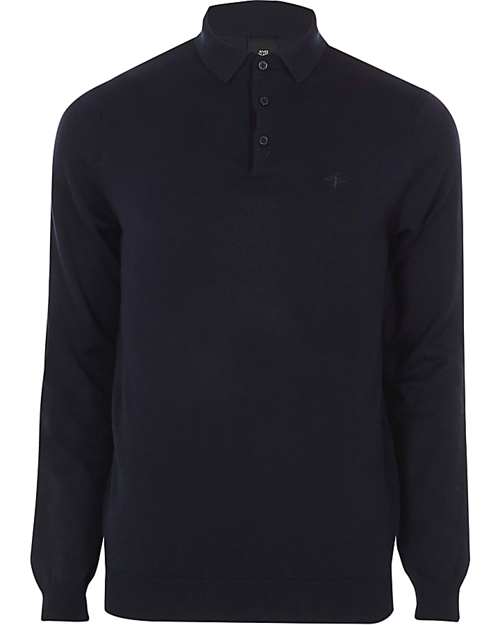 Navy slim fit long sleeve knitted polo shirt