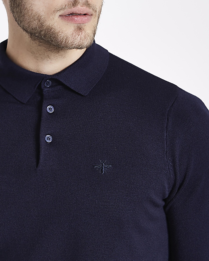 Navy slim fit long sleeve knitted polo shirt
