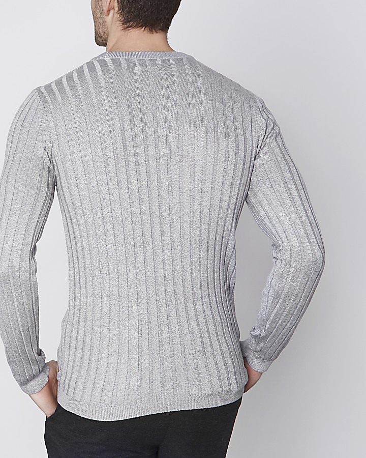 Grey rib knit muscle fit crew neck jumper