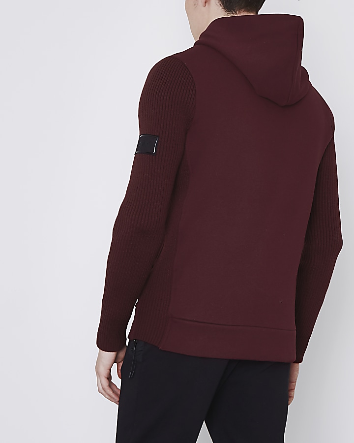 Dark red ribbed knit sleeve slim fit hoodie