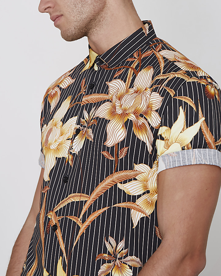 Black floral stripe print muscle fit shirt