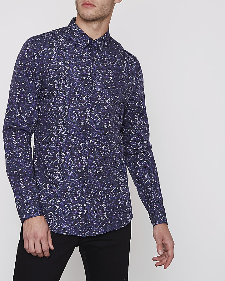Blue floral print slim fit long sleeve shirt