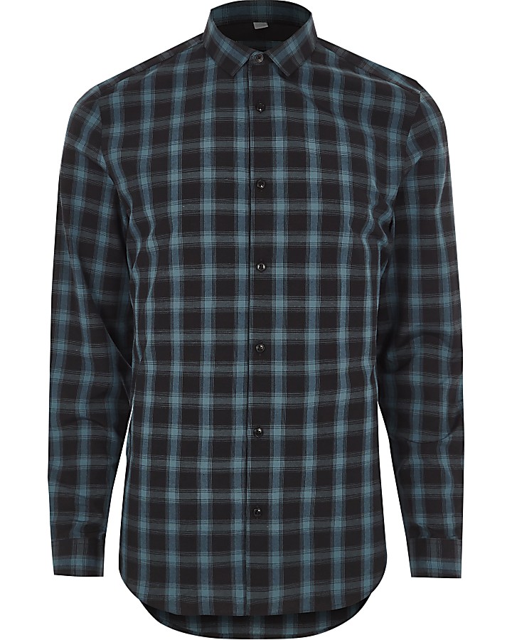 Turquoise blue check slim fit shirt