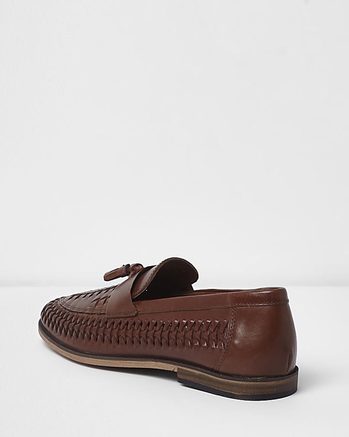 Tan brown leather woven tassel loafers
