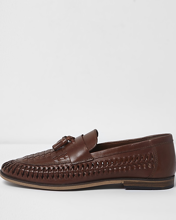 Tan brown leather woven tassel loafers