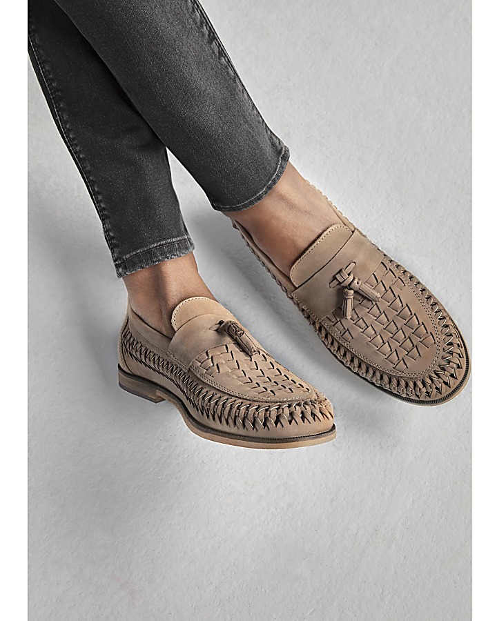 Stone leather woven tassel loafers