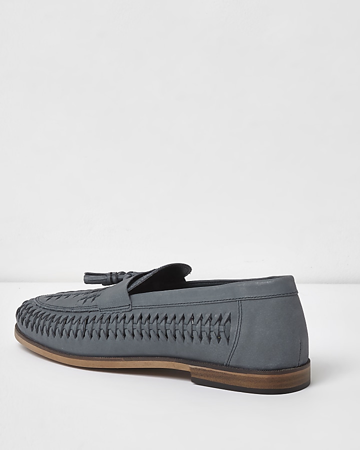 Blue leather woven tassel loafers