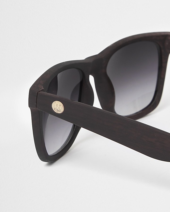 Brown wood effect retro square sunglasses