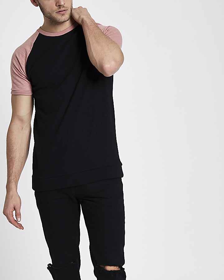 Black contrast raglan sleeve slim fit T-shirt