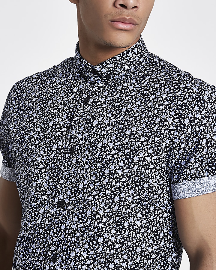 Navy ditsy floral short sleeve slim fit shirt