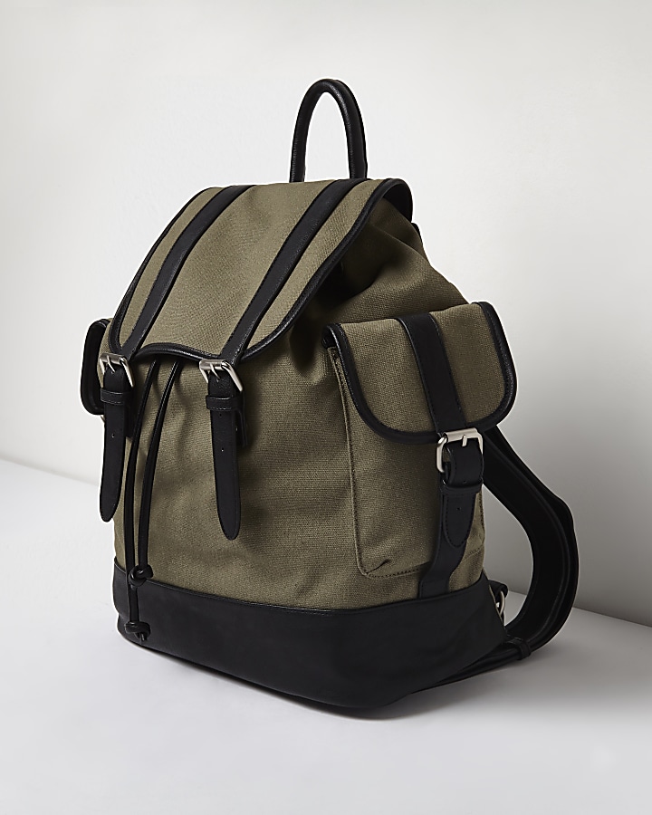 Khaki green canvas flap top backpack