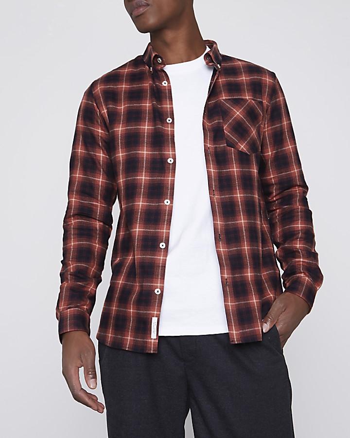 Red check long sleeve button-down shirt