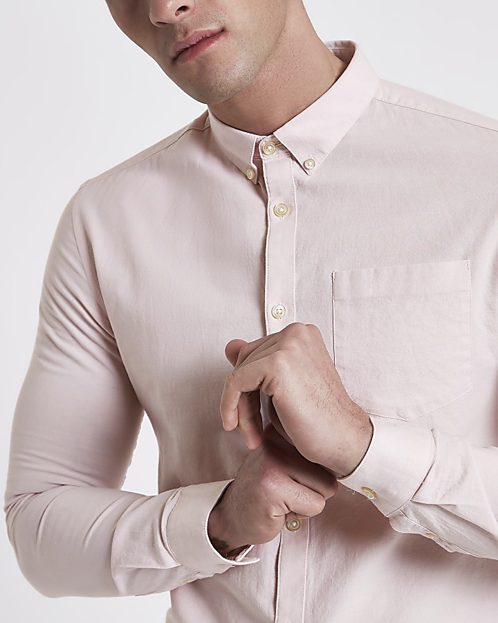 Pink long sleeve muscle fit Oxford shirt