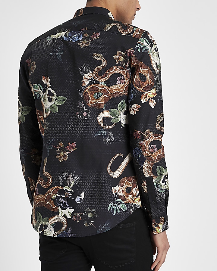 Black snake floral print slim fit shirt
