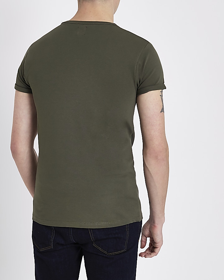 Khaki green pique muscle fit T-shirt