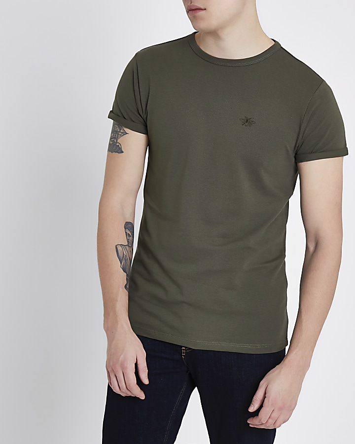 Khaki green pique muscle fit T-shirt