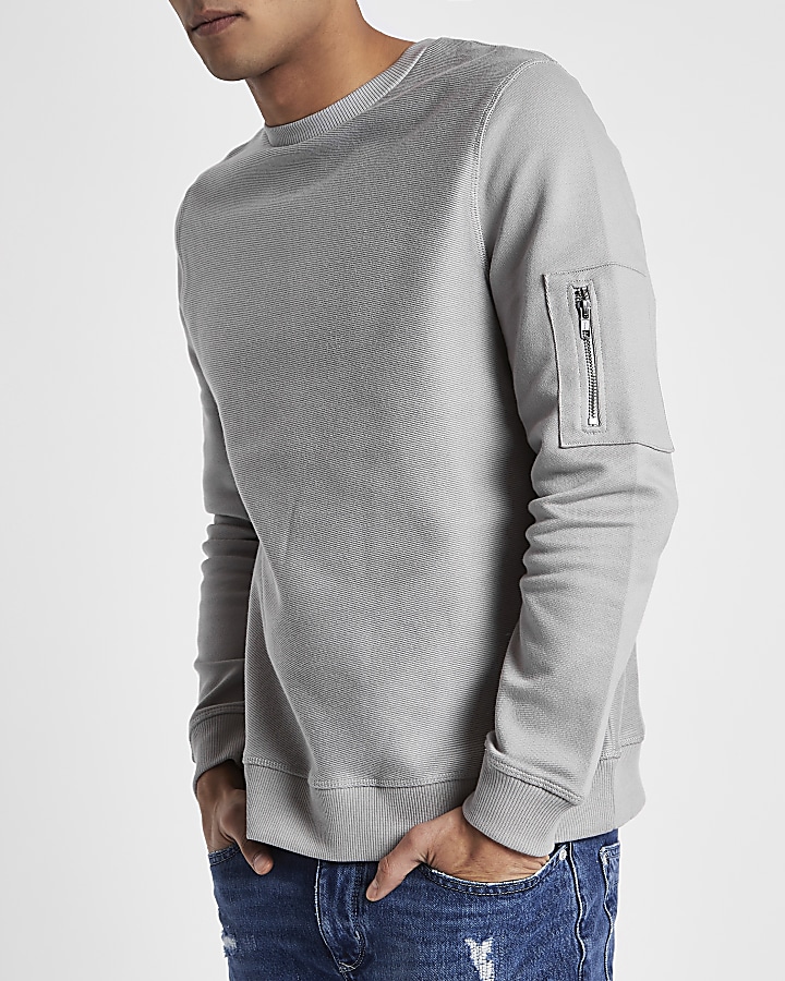 Light grey zip pocket sleeve sweatshirt