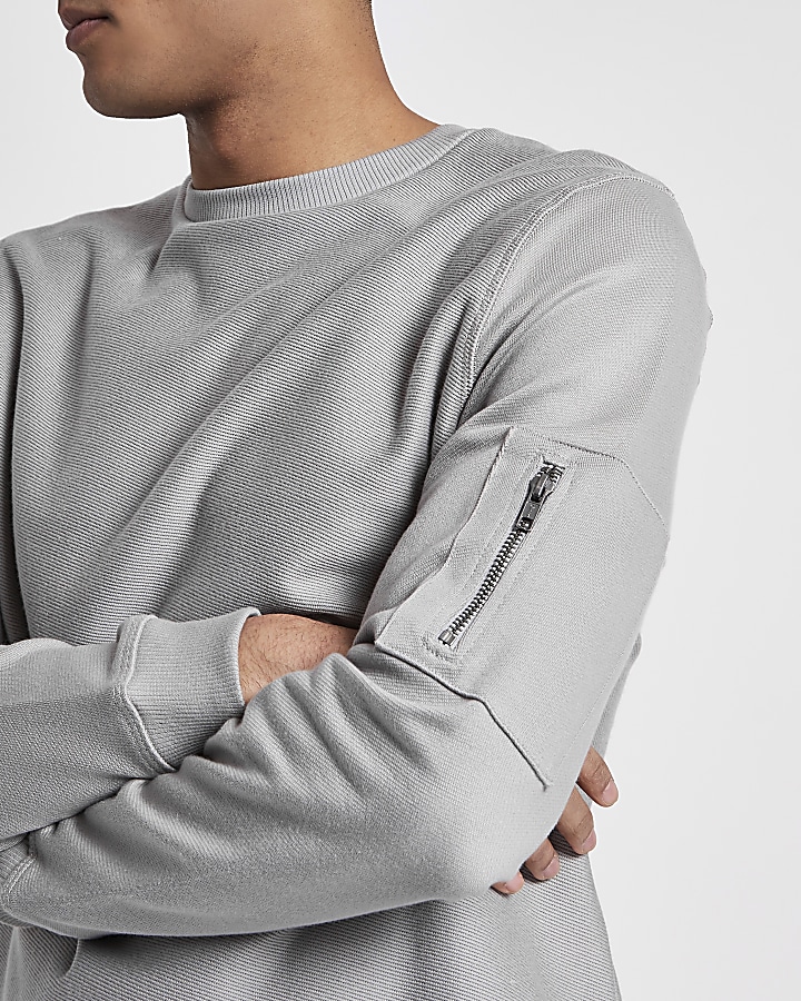 Light grey zip pocket sleeve sweatshirt