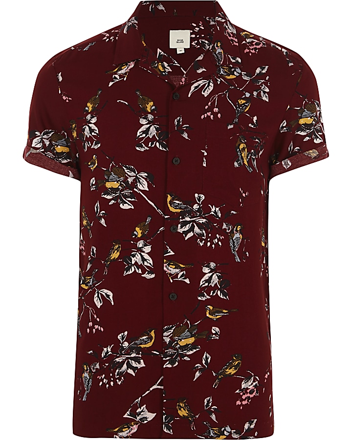 Dark red floral print short sleeve shirt