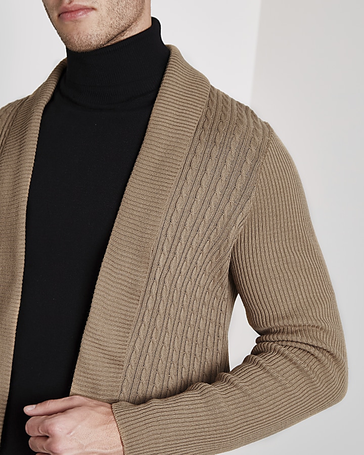 Brown cable knit panel cardigan
