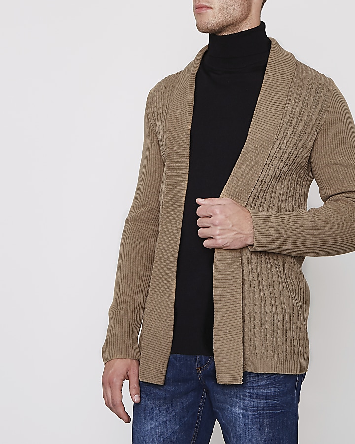 Brown cable knit panel cardigan