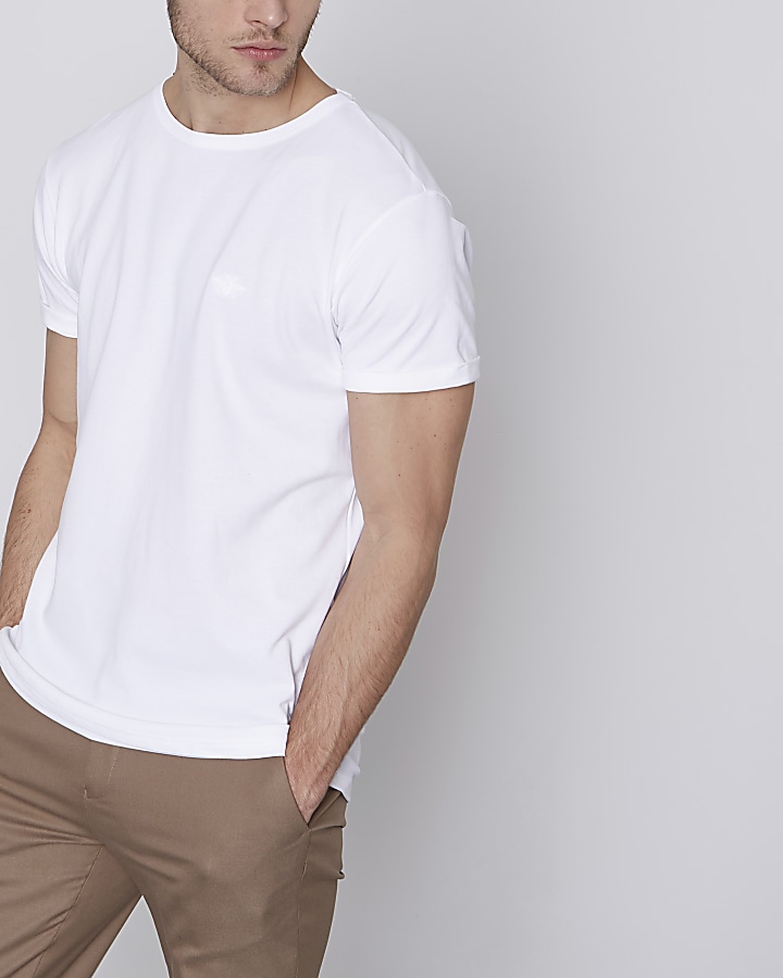 White pique crew neck rolled sleeve T-shirt