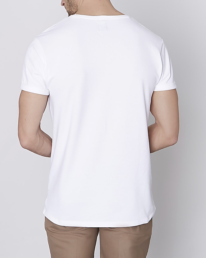 White pique crew neck rolled sleeve T-shirt