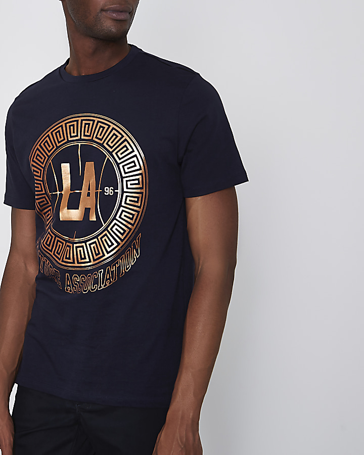 Navy ‘LA’ rose gold print slim fit T-shirt