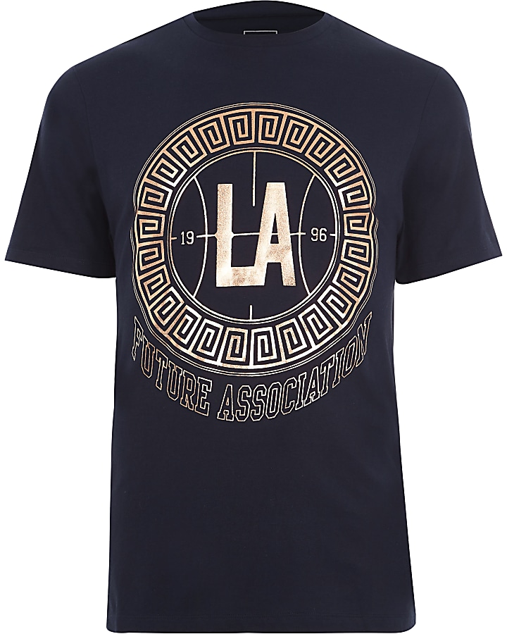 Navy ‘LA’ rose gold print slim fit T-shirt