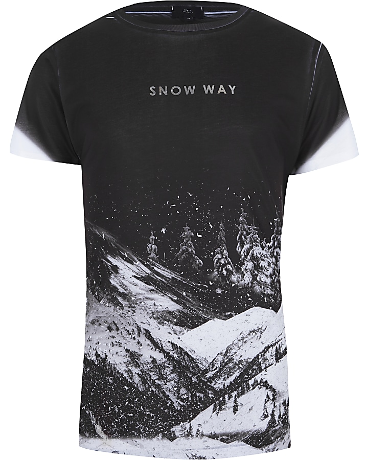 Black 'snow way' fade print slim fit T-shirt