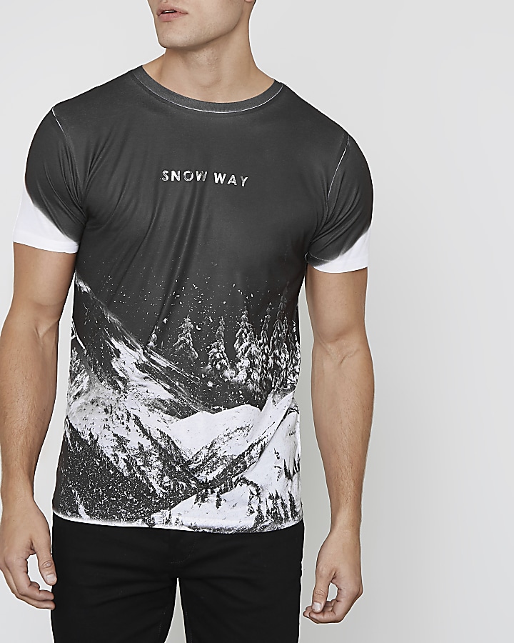 Black 'snow way' fade print slim fit T-shirt