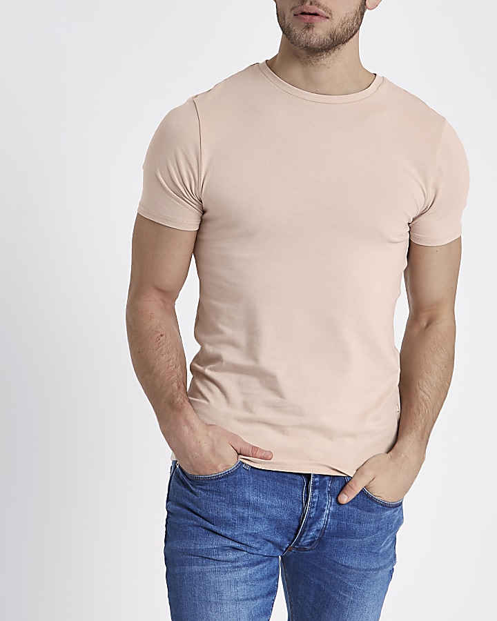 Cream muscle fit crew neck T-shirt