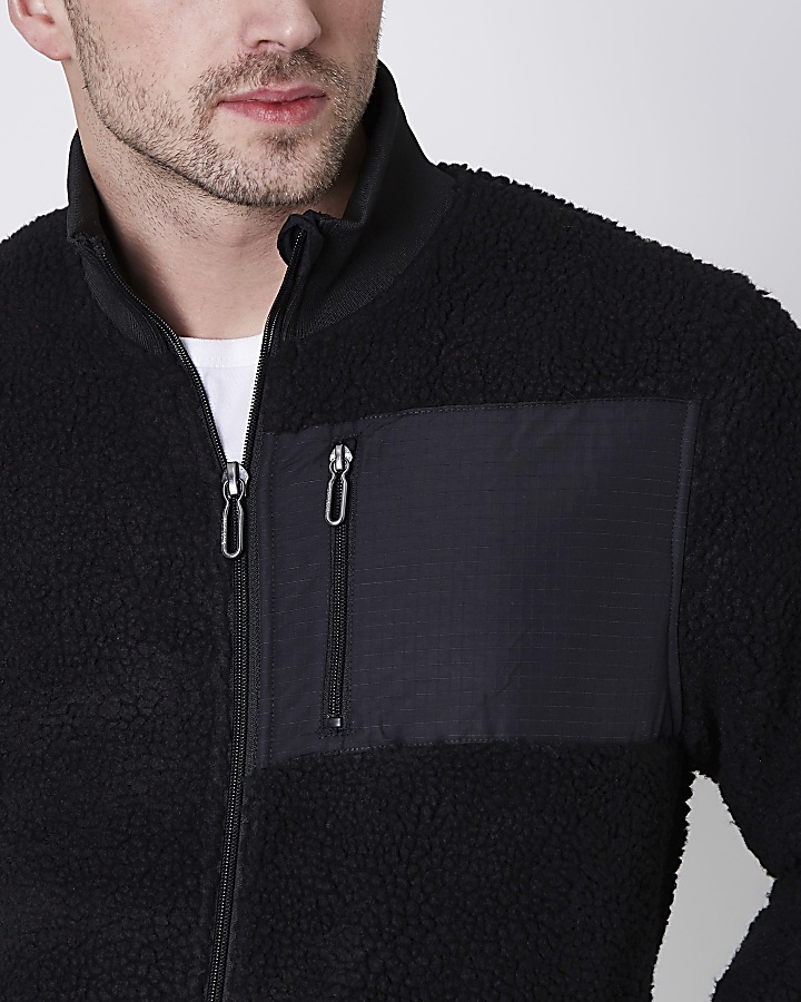Only & Sons black teddy fleece zip-up jacket