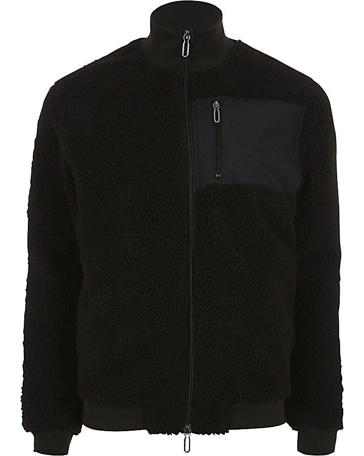 Only & Sons black teddy fleece zip-up jacket