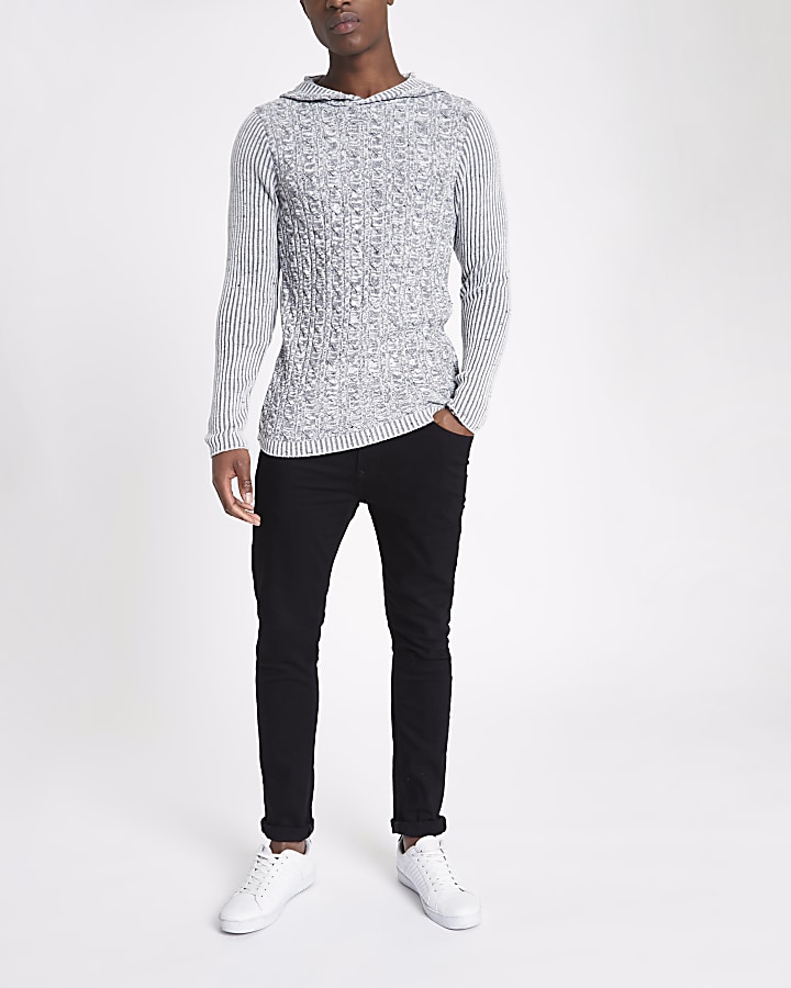 Grey rib and cable knit muscle fit hoodie